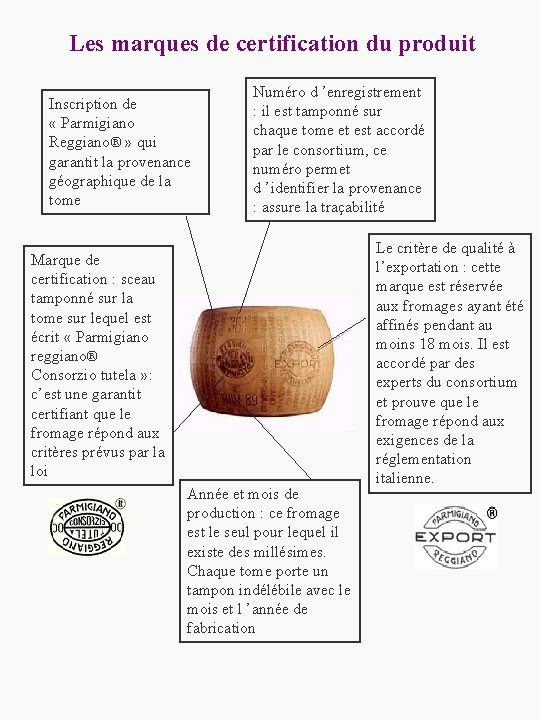 Les marques de certification du produit Inscription de « Parmigiano Reggiano® » qui garantit