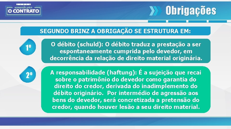 Obrigações SEGUNDO BRINZ A OBRIGAÇÃO SE ESTRUTURA EM: 1º O débito (schuld): O débito