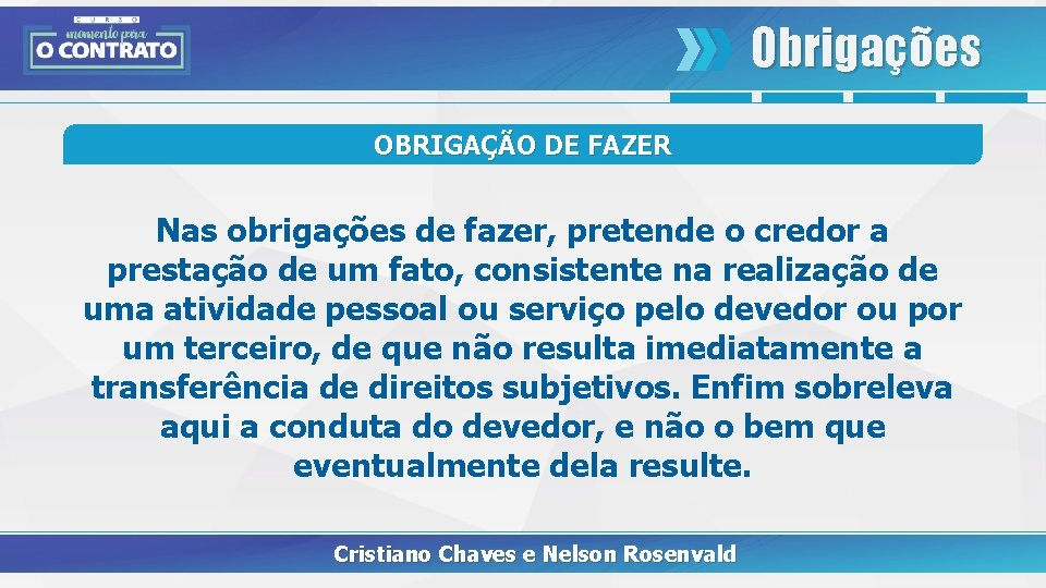 Obrigações OBRIGAÇÃO DE FAZER Nas obrigações de fazer, pretende o credor a prestação de