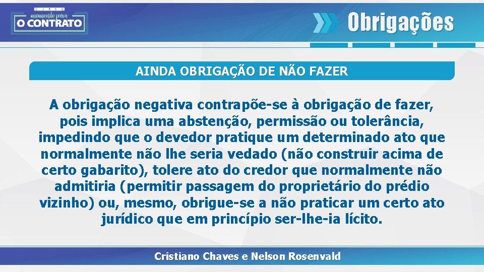 Obrigações AINDA OBRIGAÇÃO DE NÃO FAZER A obrigação negativa contrapõe-se à obrigação de fazer,