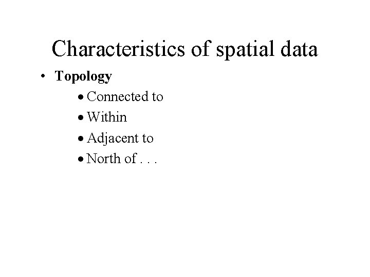 Characteristics of spatial data • Topology · Connected to · Within · Adjacent to