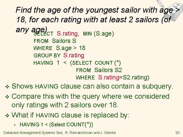 Find the age of the youngest sailor with age > 18, for each rating Find the age of the youngest sailor with age > 18, for each rating