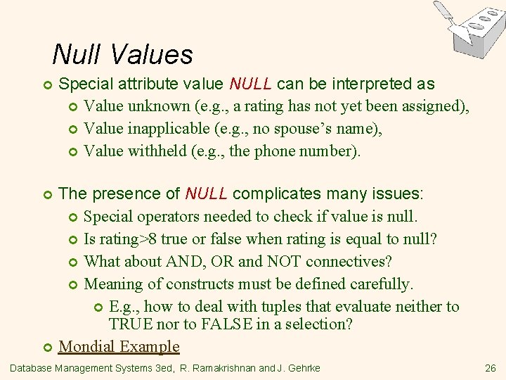 Null Values Special attribute value NULL can be interpreted as Value unknown (e. g.