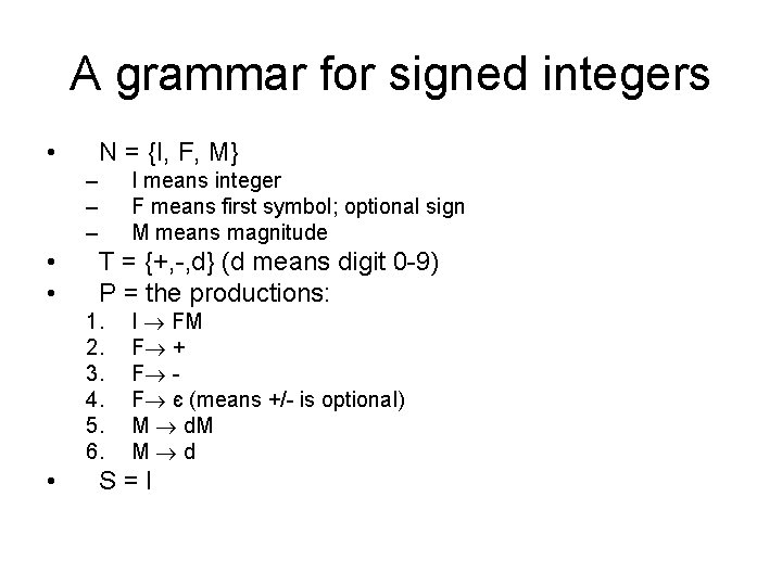 A grammar for signed integers • N = {I, F, M} – – –