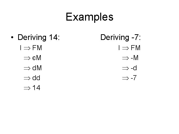 Examples • Deriving 14: I FM єM dd 14 Deriving -7: I FM -d