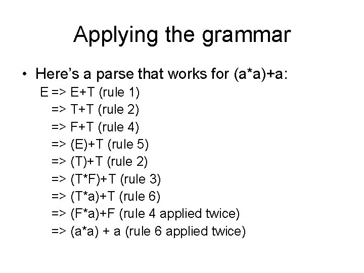 Applying the grammar • Here’s a parse that works for (a*a)+a: E => E+T