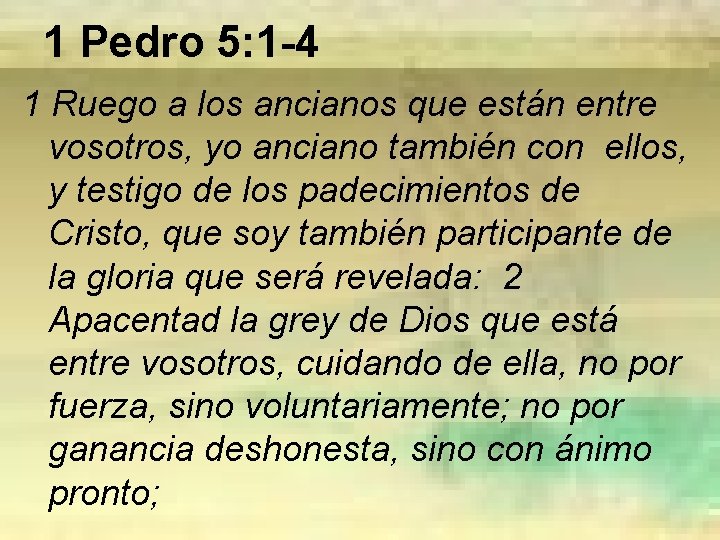 1 Pedro 5: 1 -4 1 Ruego a los ancianos que están entre vosotros,