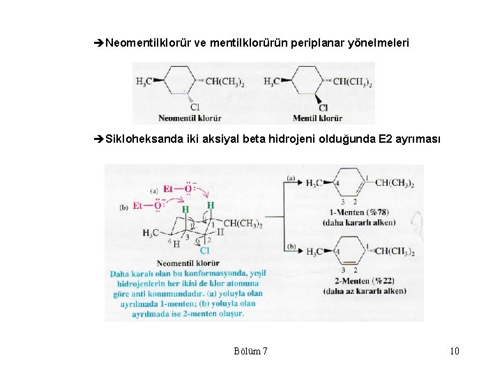 èNeomentilklorür ve mentilklorürün periplanar yönelmeleri èSikloheksanda iki aksiyal beta hidrojeni olduğunda E 2 ayrıması