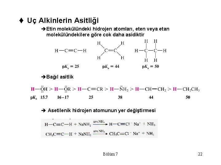 t Uç Alkinlerin Asitliği èEtin molekülündeki hidrojen atomları, eten veya etan molekülündekilere göre cok