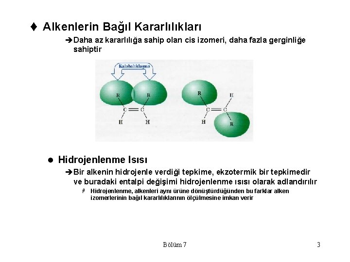 t Alkenlerin Bağıl Kararlılıkları èDaha az kararlılığa sahip olan cis izomeri, daha fazla gerginliğe