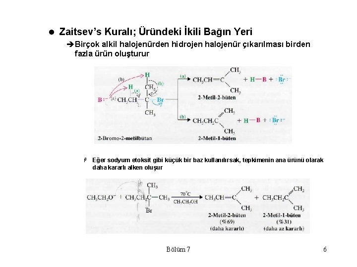 l Zaitsev’s Kuralı; Üründeki İkili Bağın Yeri èBirçok alkil halojenürden hidrojen halojenür çıkarılması birden