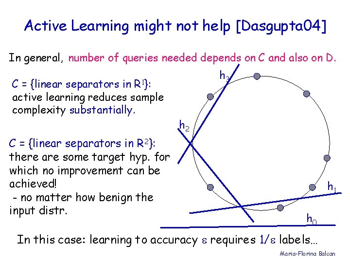 Active Learning might not help [Dasgupta 04] In general, number of queries needed depends