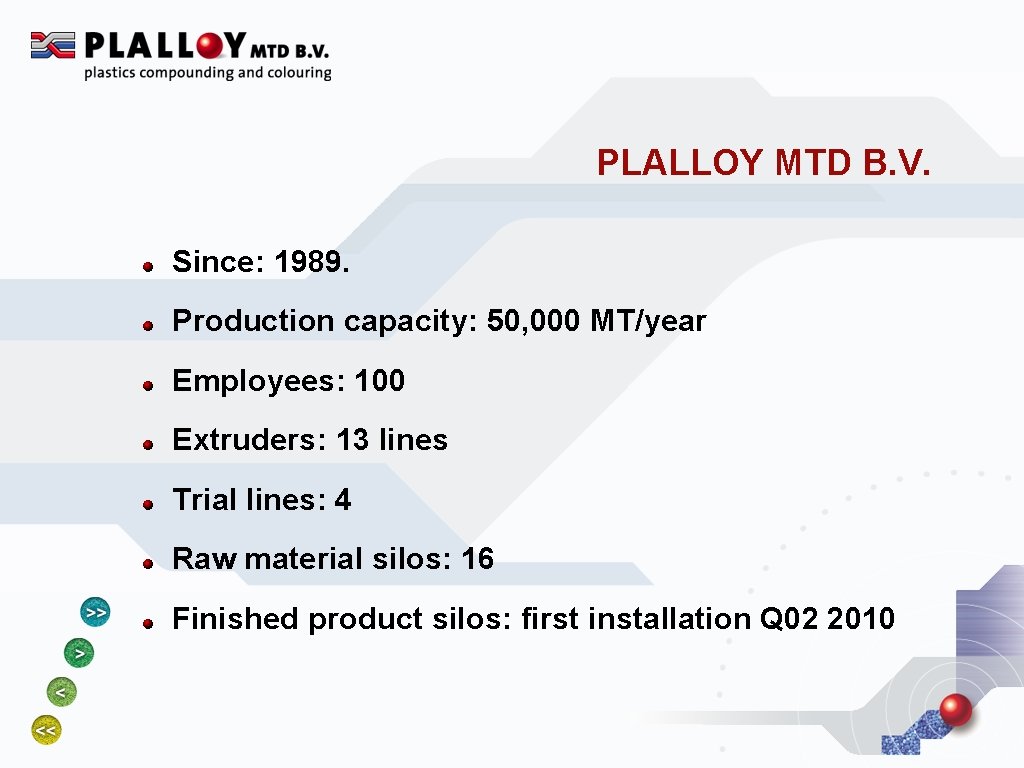 PLALLOY MTD B. V. Since: 1989. Production capacity: 50, 000 MT/year Employees: 100 Extruders: