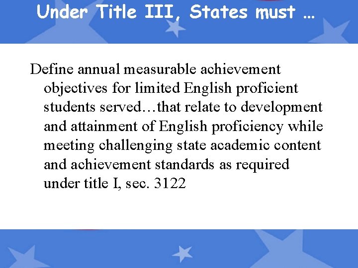 Under Title III, States must … Define annual measurable achievement objectives for limited English