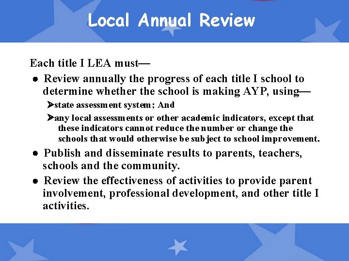 Local Annual Review Each title I LEA must— · Review annually the progress of