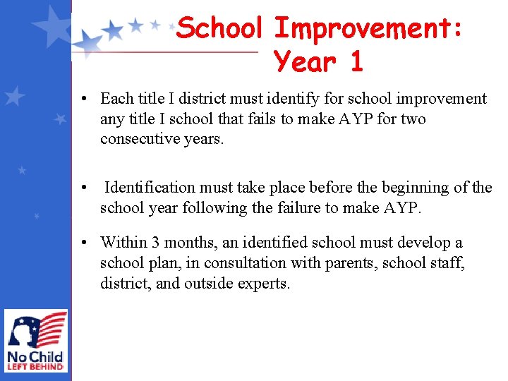 School Improvement: Year 1 • Each title I district must identify for school improvement