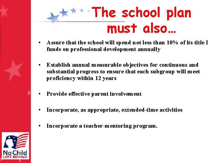 The school plan must also… • Assure that the school will spend not less