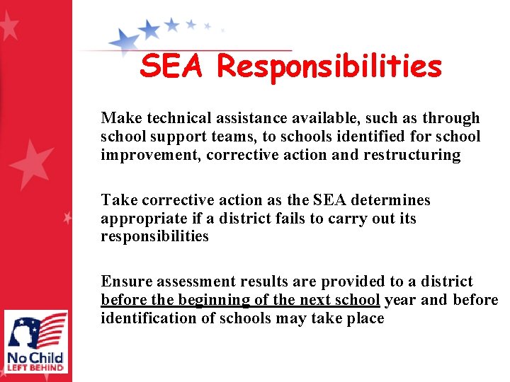 SEA Responsibilities Make technical assistance available, such as through school support teams, to schools