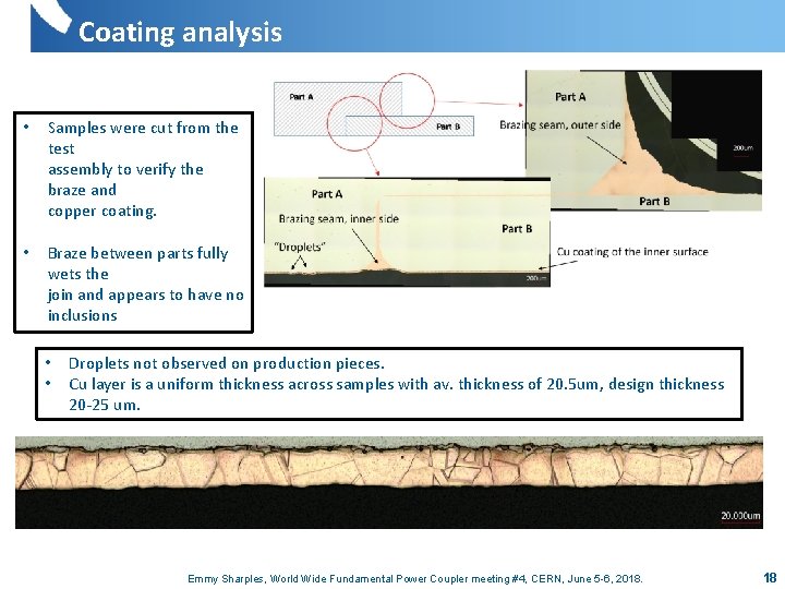 Coating analysis • Samples were cut from the test assembly to verify the braze