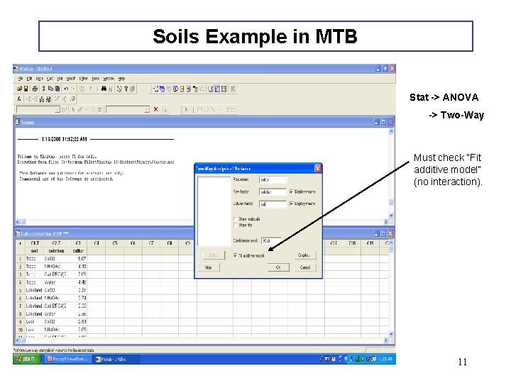 Soils Example in MTB Stat -> ANOVA -> Two-Way Must check “Fit additive model”