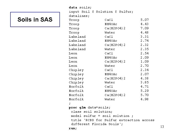 Soils in SAS data soils; input Soil $ Solution $ Sulfur; datalines; Troop Ca.