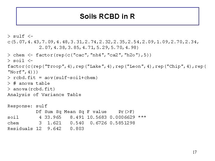 Soils RCBD in R > sulf <c(5. 07, 4. 43, 7. 09, 4. 48, Soils RCBD in R > sulf <c(5. 07, 4. 43, 7. 09, 4. 48,