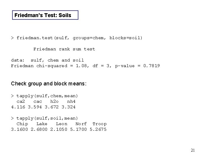 Friedman’s Test: Soils > friedman. test(sulf, groups=chem, blocks=soil) Friedman rank sum test data: sulf, Friedman’s Test: Soils > friedman. test(sulf, groups=chem, blocks=soil) Friedman rank sum test data: sulf,