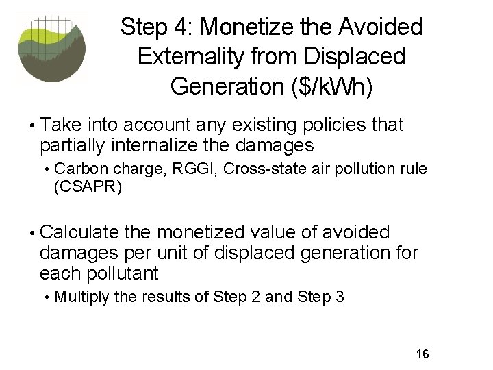 Step 4: Monetize the Avoided Externality from Displaced Generation ($/k. Wh) • Take into
