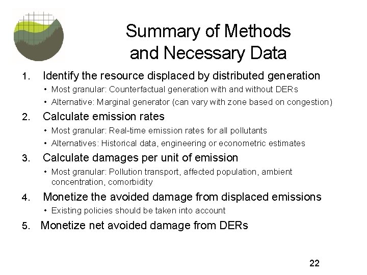 Summary of Methods and Necessary Data 1. Identify the resource displaced by distributed generation