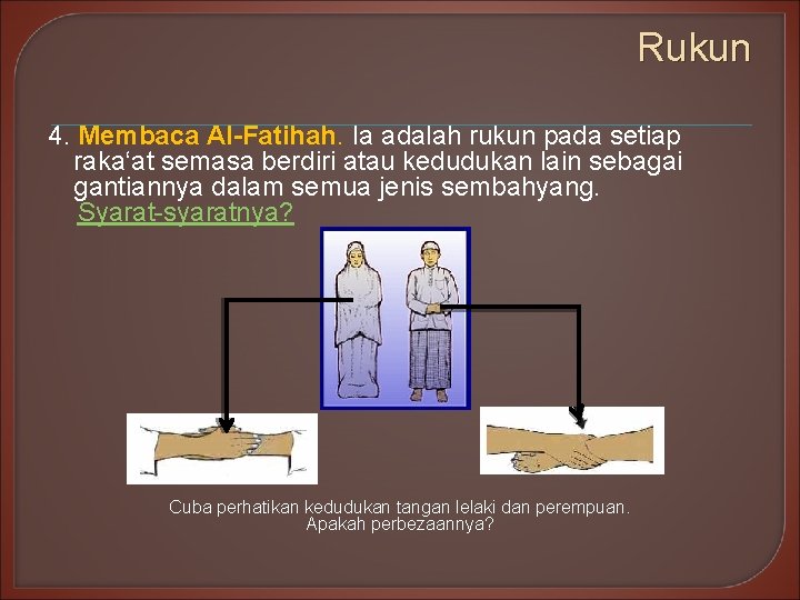 Rukun 4. Membaca Al-Fatihah. Ia adalah rukun pada setiap raka‘at semasa berdiri atau kedudukan