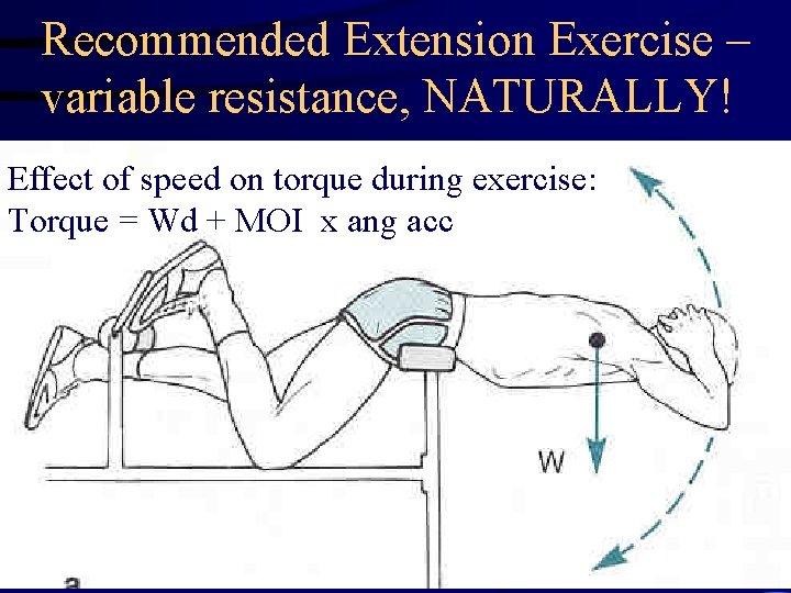 Recommended Extension Exercise – variable resistance, NATURALLY! Effect of speed on torque during exercise: