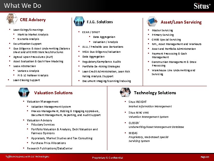 What We Do ® CRE Advisory • Loan Sizings/Screenings • Mark to Market Analysis