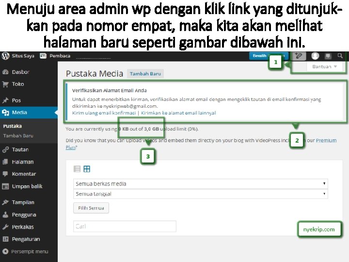 Menuju area admin wp dengan klik link yang ditunjukkan pada nomor empat, maka kita