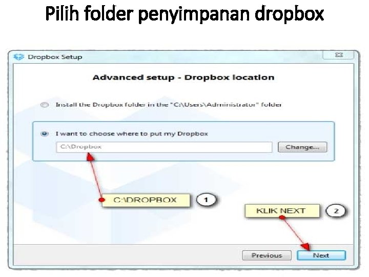 Pilih folder penyimpanan dropbox 