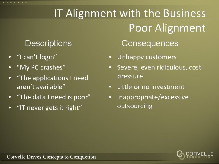 IT Alignment with the Business Poor Alignment Descriptions • “I can’t login” • “My