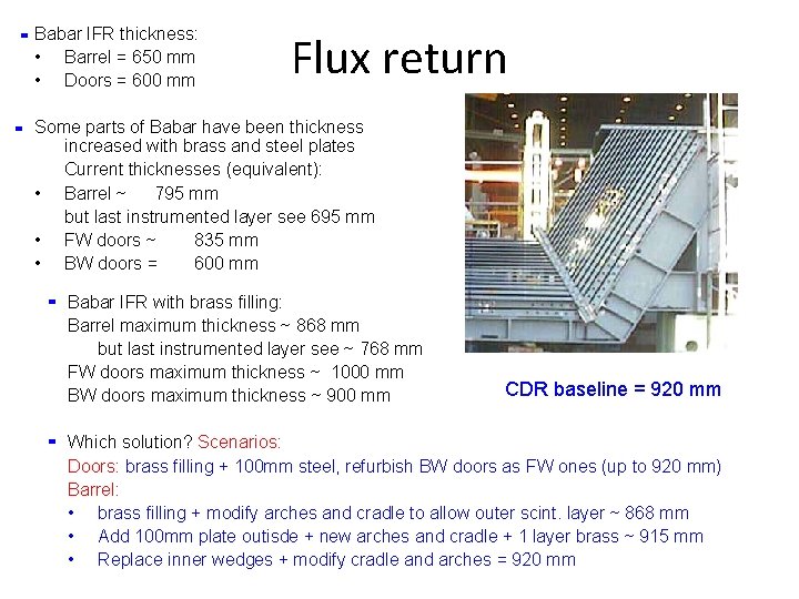 - Babar IFR thickness: • • - Barrel = 650 mm Doors = 600