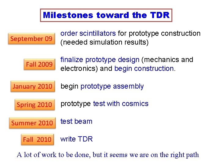 Milestones toward the TDR September 09 Fall 2009 January 2010 Spring 2010 order scintillators