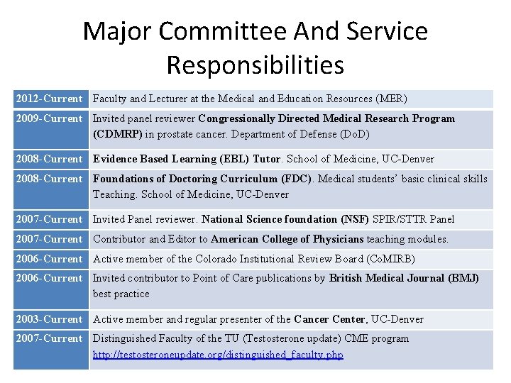 Major Committee And Service Responsibilities 2012 -Current Faculty and Lecturer at the Medical and