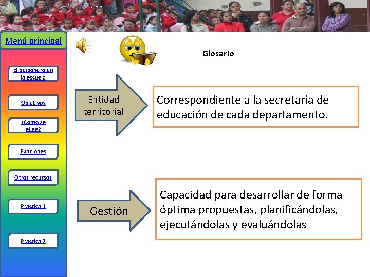 Menú principal Glosario El personero en la escuela Objetivos Entidad territorial ¿Cómo se elige?