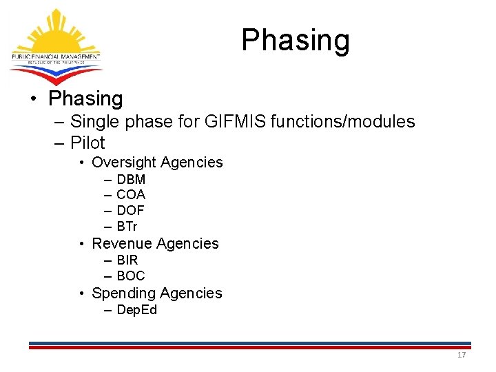 Phasing • Phasing – Single phase for GIFMIS functions/modules – Pilot • Oversight Agencies