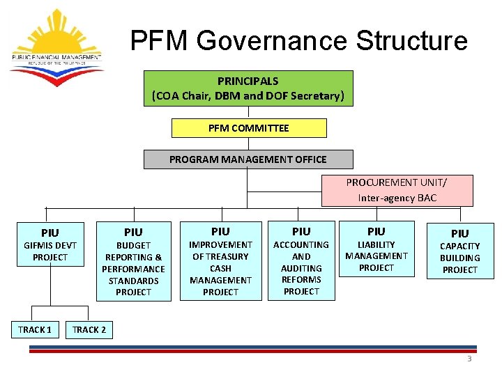 PFM Governance Structure PRINCIPALS (COA Chair, DBM and DOF Secretary) PFM COMMITTEE PROGRAM MANAGEMENT