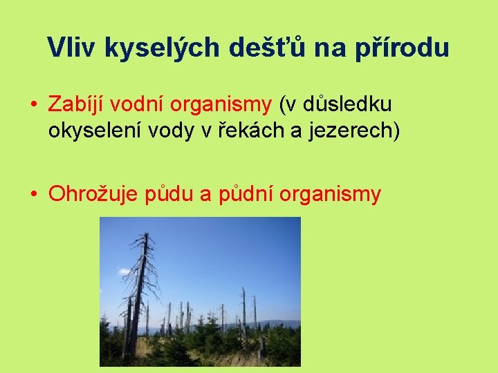 Vliv kyselých dešťů na přírodu • Zabíjí vodní organismy (v důsledku okyselení vody v