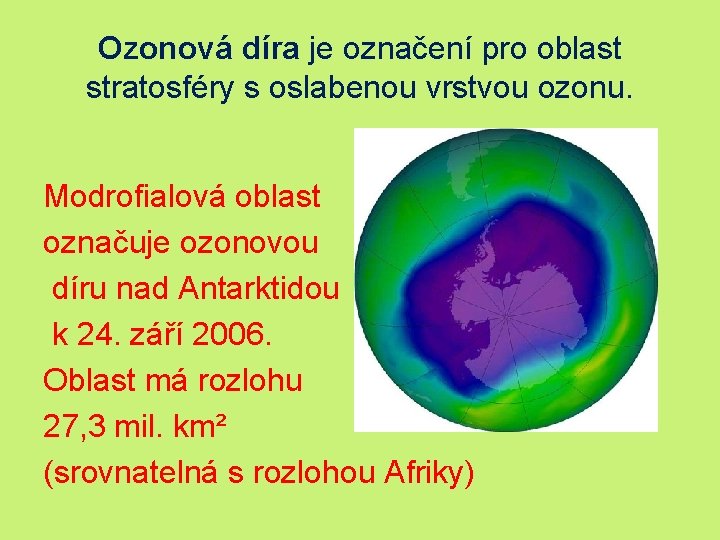 Ozonová díra je označení pro oblast stratosféry s oslabenou vrstvou ozonu. Modrofialová oblast označuje