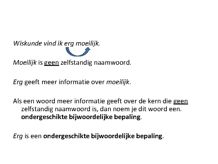 Wiskunde vind ik erg moeilijk. Moeilijk is geen zelfstandig naamwoord. Erg geeft meer informatie