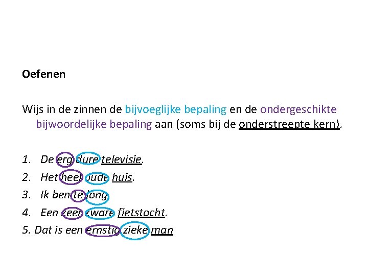 Oefenen Wijs in de zinnen de bijvoeglijke bepaling en de ondergeschikte bijwoordelijke bepaling aan