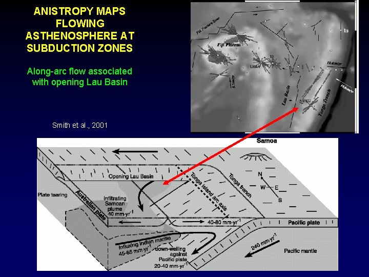 ANISTROPY MAPS FLOWING ASTHENOSPHERE AT SUBDUCTION ZONES Along-arc flow associated with opening Lau Basin