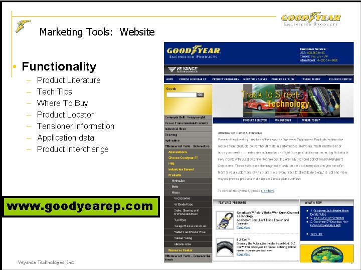 Marketing Tools: Website • Functionality – – – – Product Literature Tech Tips Where