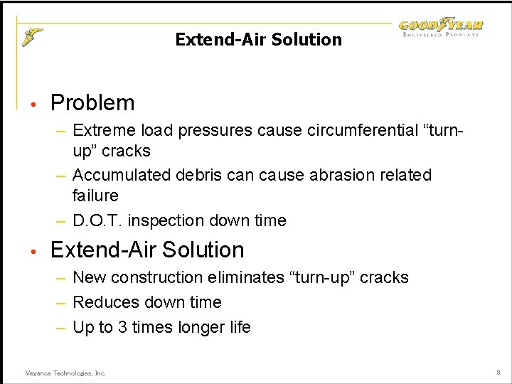 Extend-Air Solution • Problem – Extreme load pressures cause circumferential “turnup” cracks – Accumulated