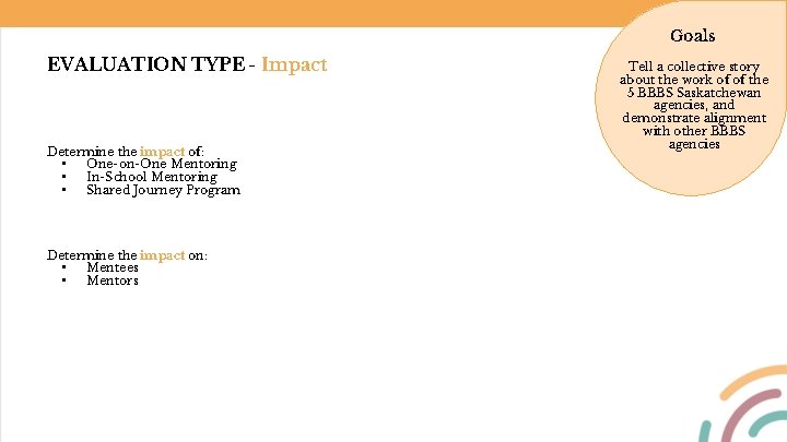 Goals EVALUATION TYPE - Impact Determine the impact of: • One-on-One Mentoring • In-School