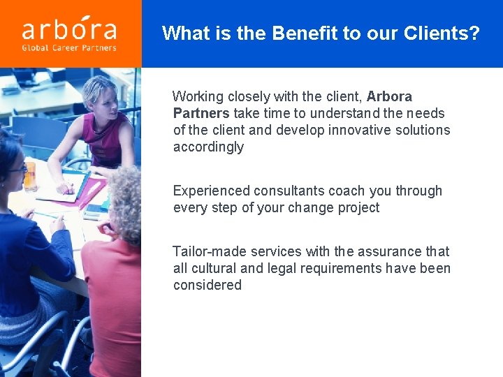 What is the Benefit to our Clients? Working closely with the client, Arbora Partners